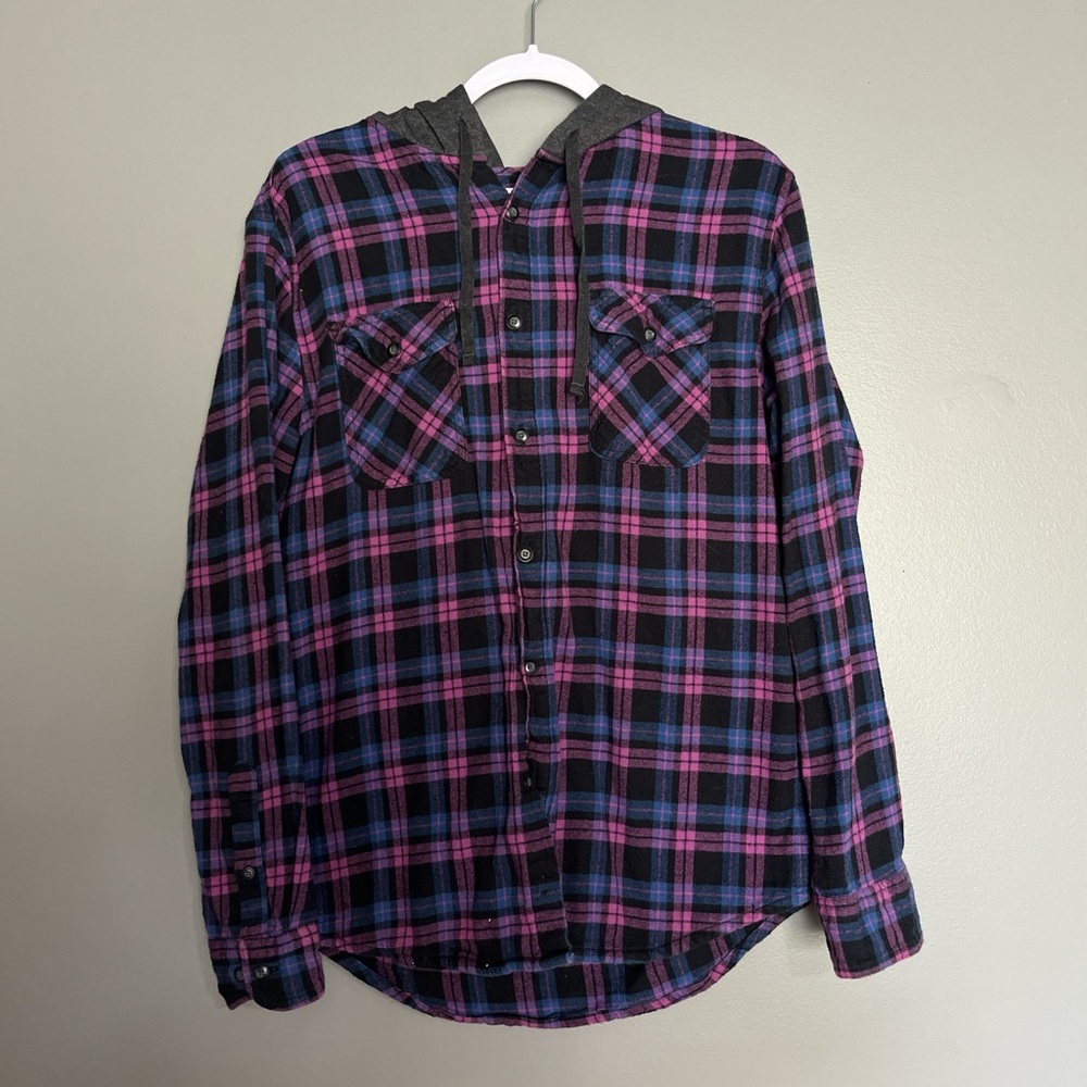Sonoma Black, Pink, and Blue Plaid Hooded Shirt